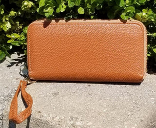 Camel Faux Leather Double Zip Wallet Wristlet