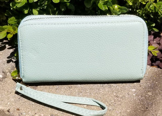 Pebbled Mint Faux Leather Double Zip Wallet Wristlet