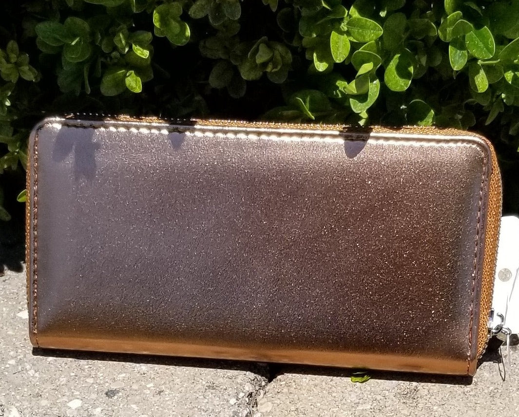 Copper Metallic Zip Around Flat Wallet