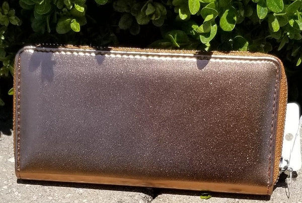 Copper Metallic Zip Around Flat Wallet
