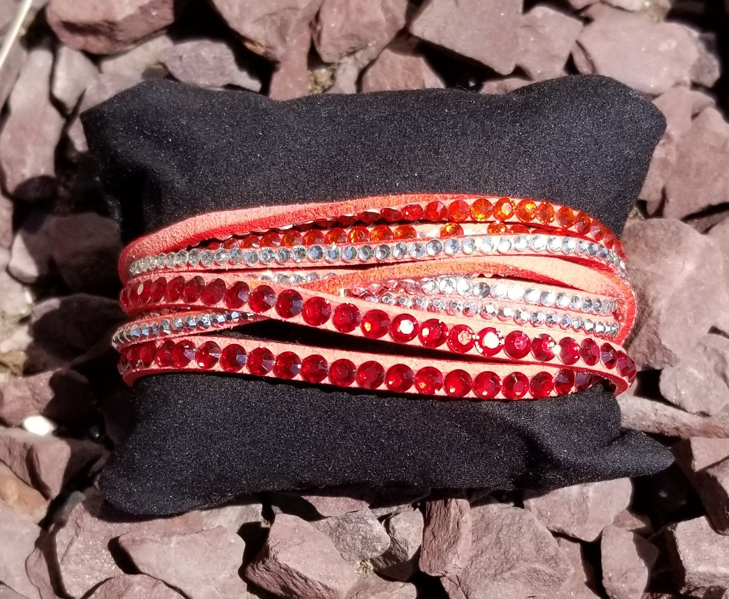 Leather And Rhinestone Red Wrap Bracelet