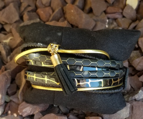 Faux Leather Black And Gold Multi Strand Wrap Bracelet