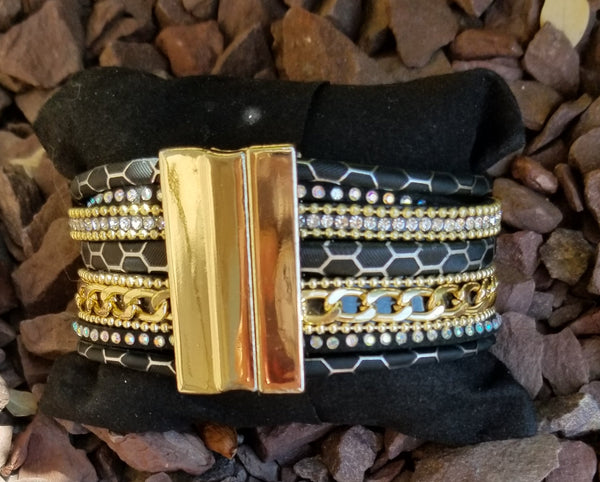 Faux Leather Cuff Multi Strand Black And Gold Wrap Bracelet