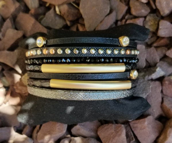 Faux Leather Cuff Multi Strand Black And Gold Wrap Bracelet