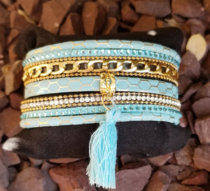 Faux Leather Cuff Multi Strand Blue Wrap Bracelet
