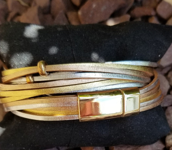 Faux Leather Metallic Multi Strand Wrap Bracelet