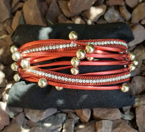 Faux Leather Red Multi Strand Wrap Bracelet