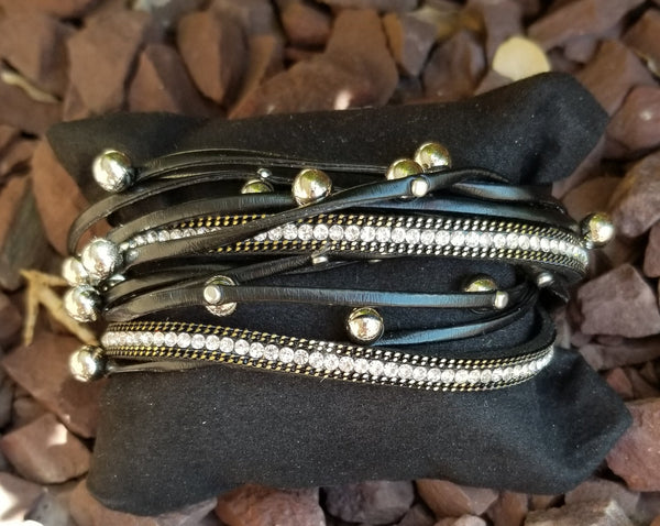 Faux Leather Black Multi Strand Wrap Bracelet