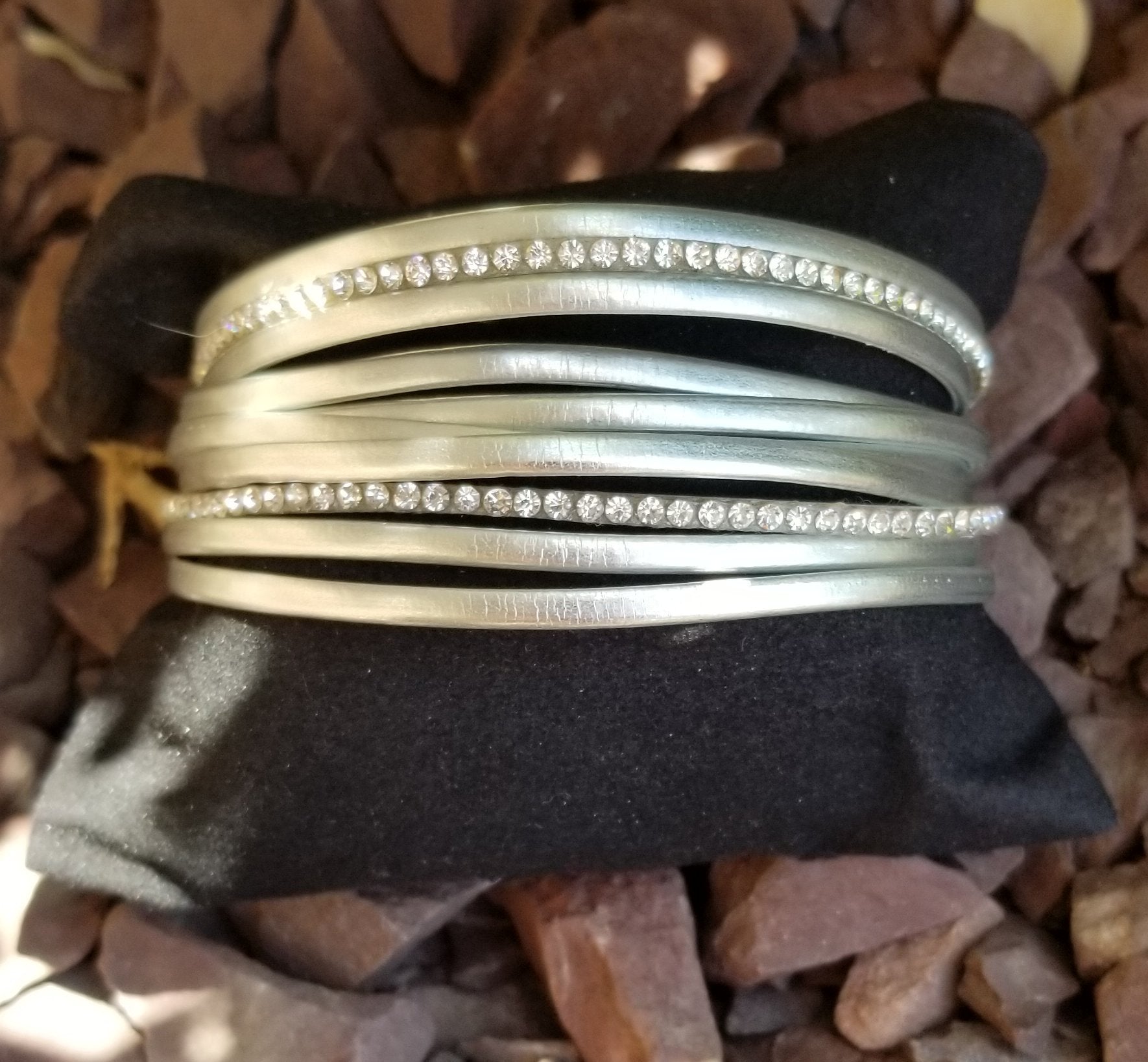 Faux Leather Cuff Silver Multi Strand Wrap Bracelet