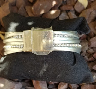 Faux Leather Cuff Silver Multi Strand Wrap Bracelet