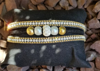 Faux Leather Cuff Black And Rhinestone Multi Strand Wrap Bracelet
