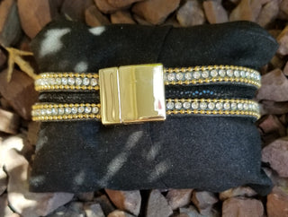 Faux Leather Cuff Black And Rhinestone Multi Strand Wrap Bracelet