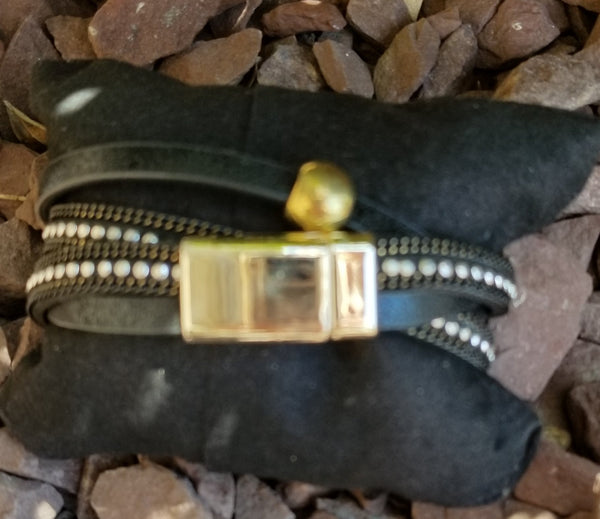 Faux Leather Black  Multi Strand Wrap Bracelet