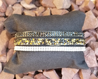 Faux Leather Cuff Black And Rhinestone Multi Strand Bracelet