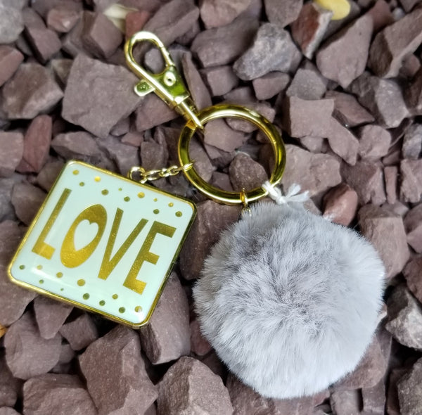 Love Grey Pom Pom Faux Fur Key Ring Key Chain