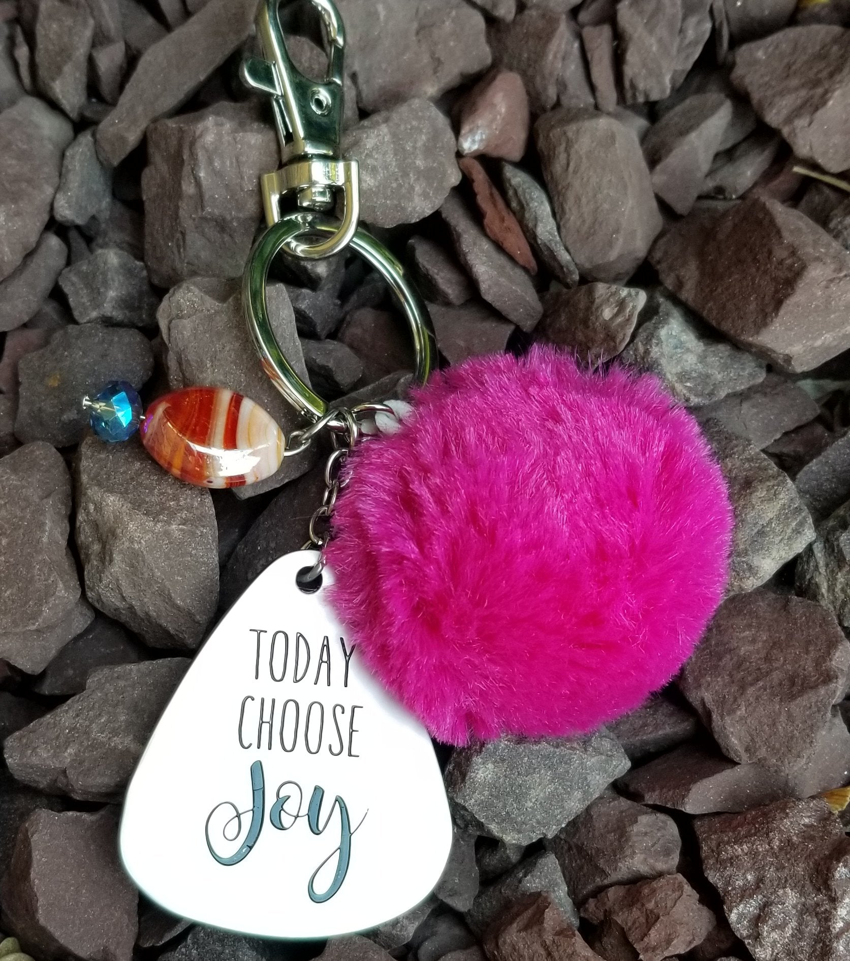 Today Choose Joy  Fuschia Pom Pom Faux Fur KeyChain