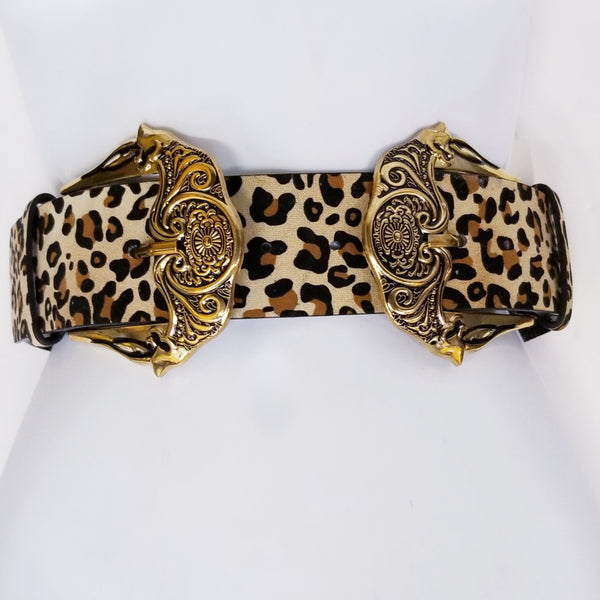 Cheetah Print Faux Leather Belt Double Buckle