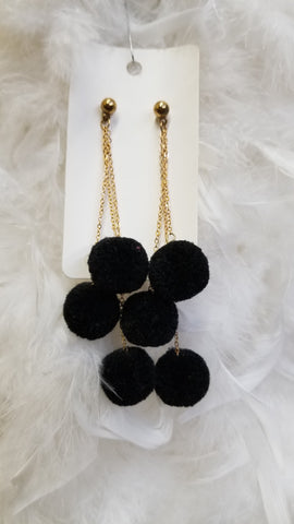 Pom Pom Black Dangle Post Gold Tone Earrings