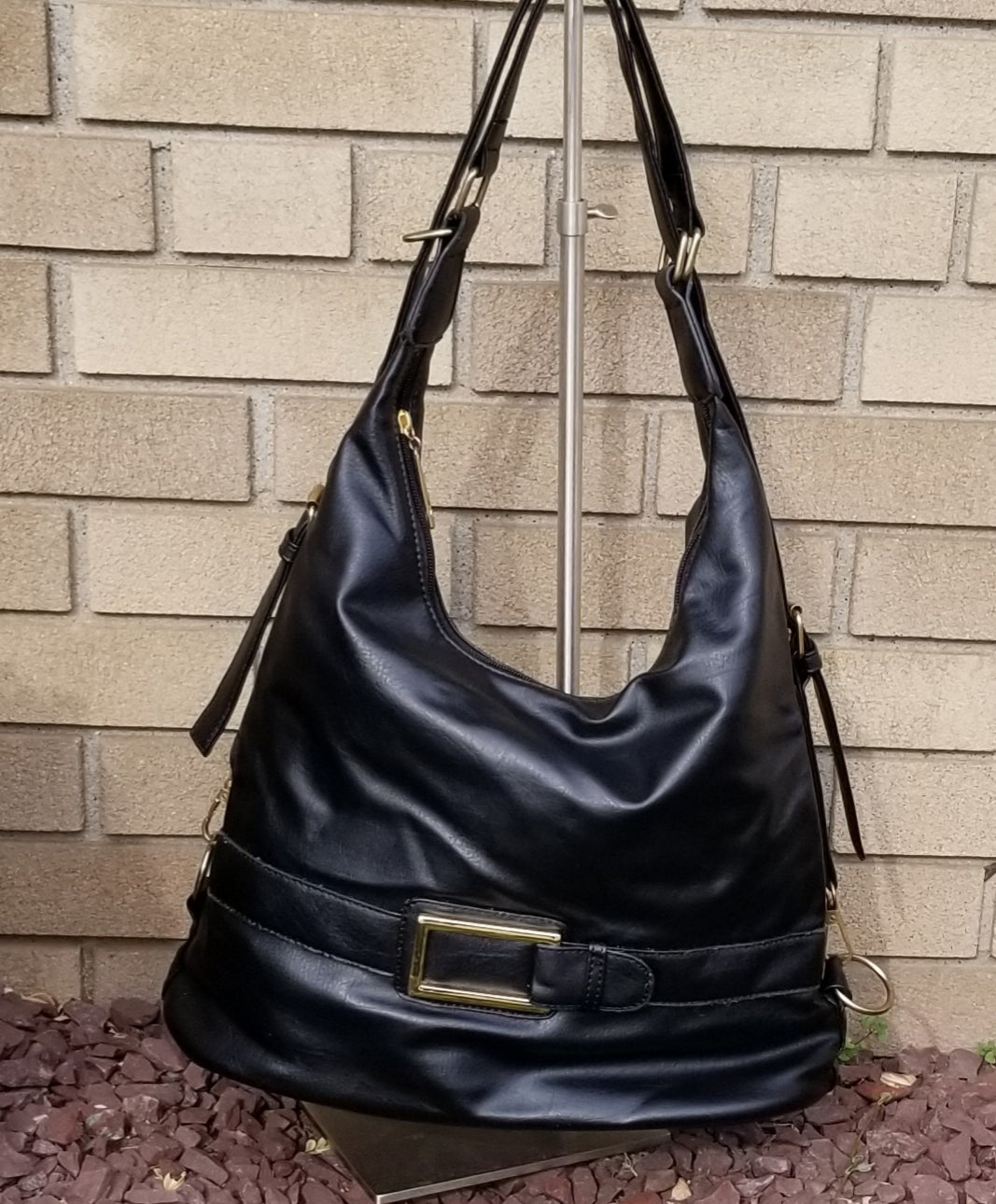 Black Faux Leather Hobo Back Pack Purse Handbag