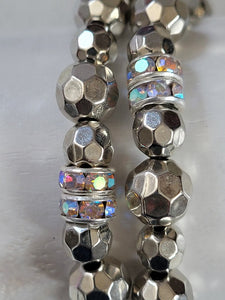 Graphite Silver Bead with Crystal Bead Accent Stretch Bracelet