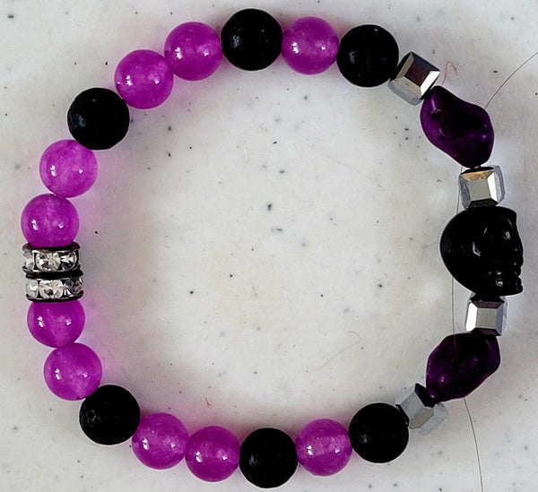 Purple Glass Black Skull Lava Bead Stretch Bracelet
