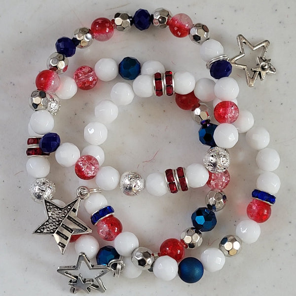 Red White Blue Star Crystal Bead Stretch Bracelet