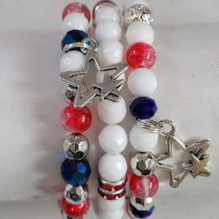 Red White Blue Star Crystal Bead Stretch Bracelet