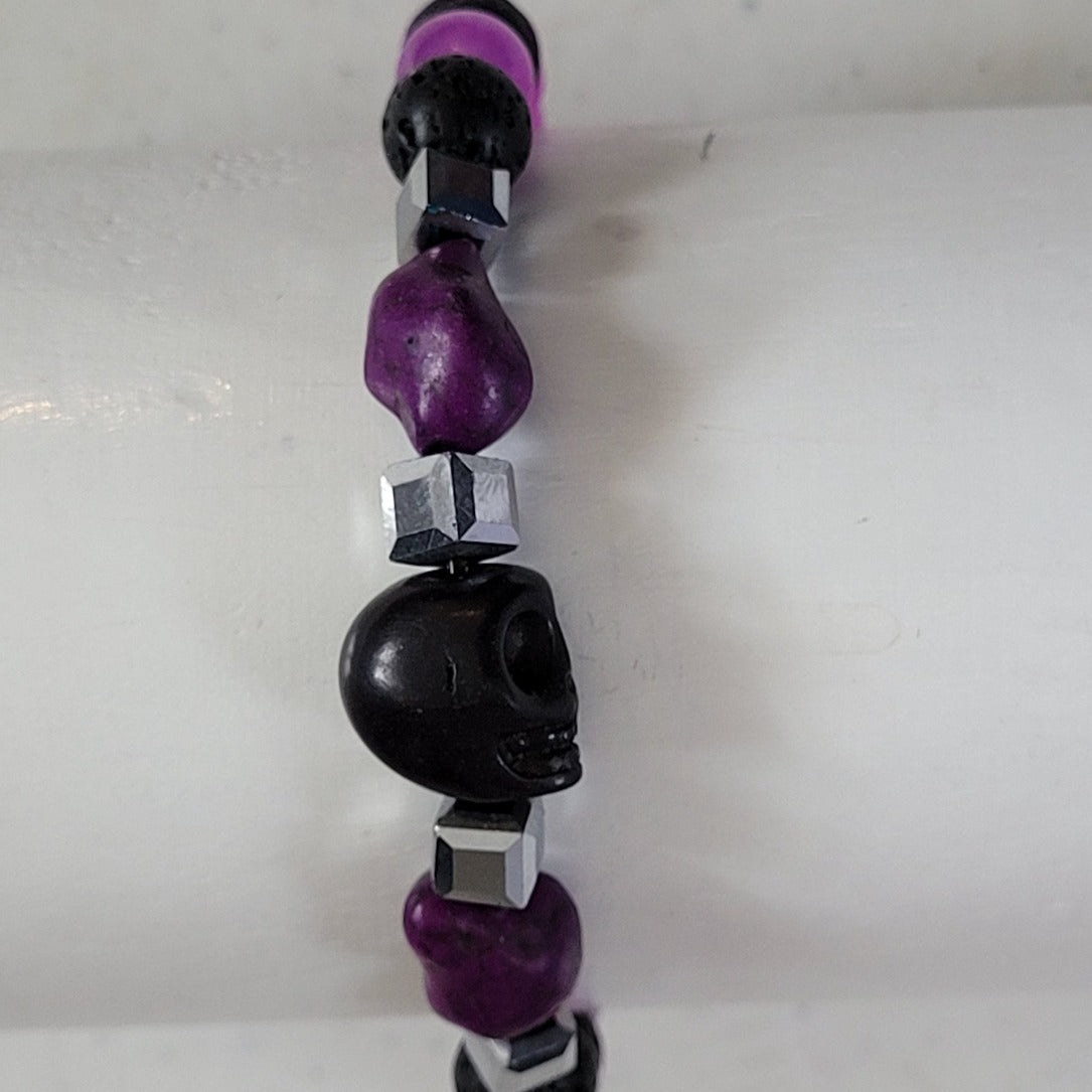 Purple Glass Black Skull Lava Bead Stretch Bracelet
