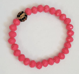 Hot Pink Rondelle Bead Animal Print Pave Stretch Bracelet