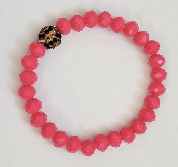 Hot Pink Rondelle Bead Animal Print Pave Stretch Bracelet