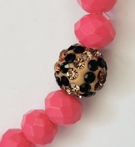 Hot Pink Rondelle Bead Animal Print Pave Stretch Bracelet