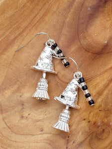 Halloween Charm Earrings Featuring Witch Hat Broomstick