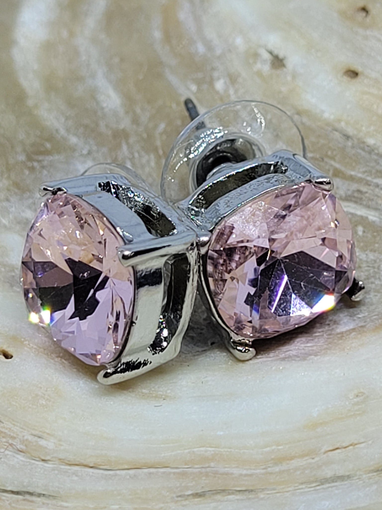 Pink Diamond Cut Silver Tone Stud Earrings
