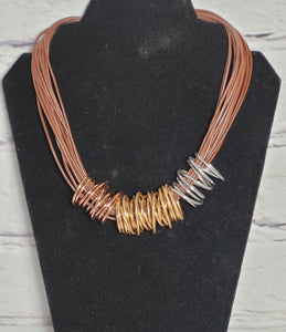 Brown Corded Silver Rose Gold Tone Wire Accent Choker Statement Necklace
