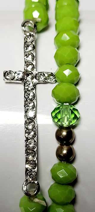 Rhinestone Cross Green Stretch Bead Bracelet