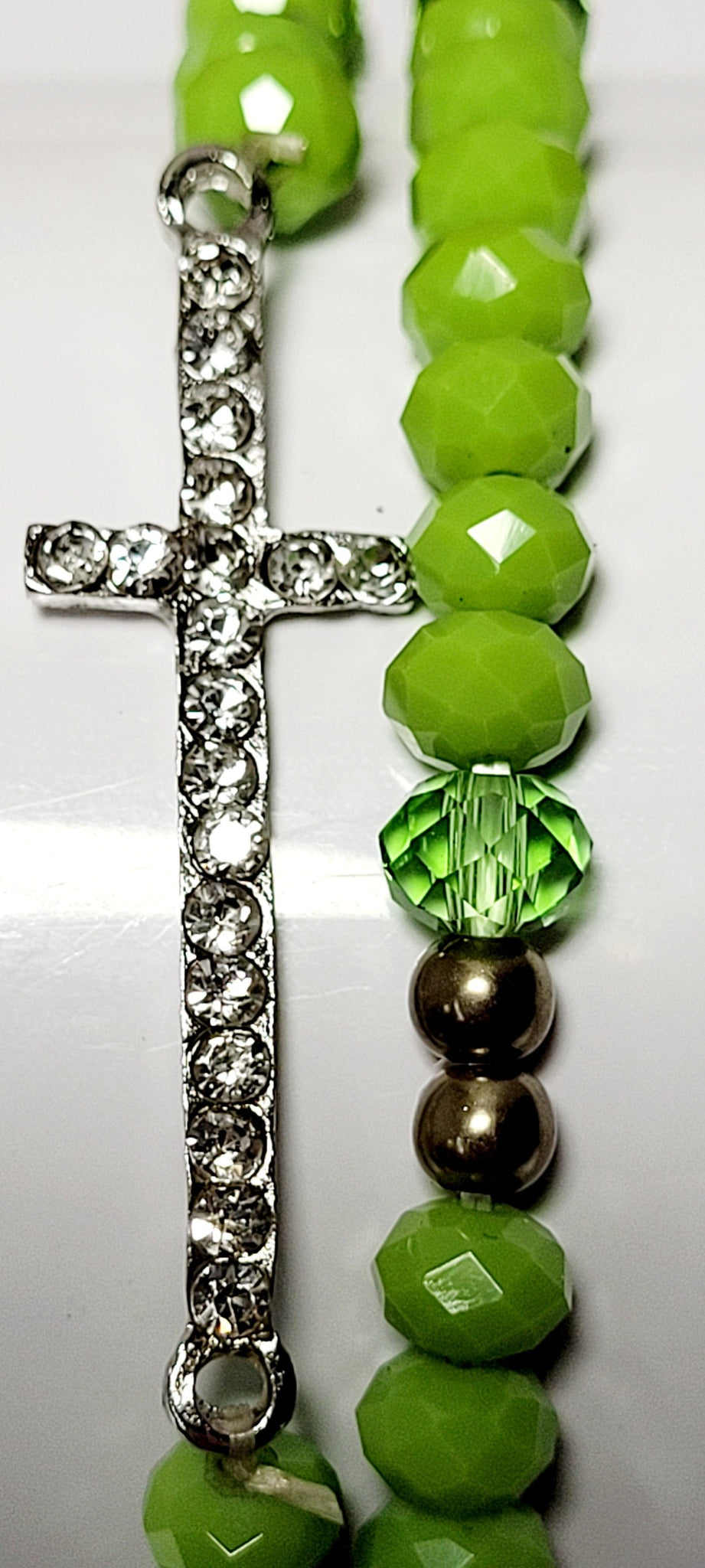 Rhinestone Cross Green Stretch Bead Bracelet