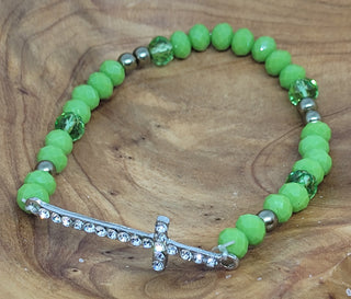 Rhinestone Cross Green Stretch Bead Bracelet