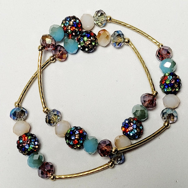 Blue Tone Gold Tone Stretch Bracelet Gold Accents Multi Colored Pave' Bead Accent