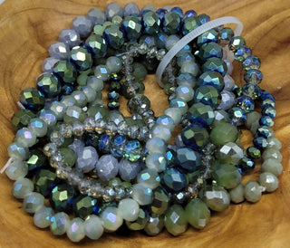 Eight Piece Faceted Stretch Bracelet Set Shades of Blue and Sage
