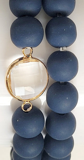 Navy Blue Clay Beaded Bracelet Gold Crystal Accent