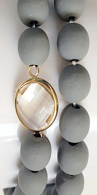 Grey Clay Beaded Bracelet Gold Crystal Accent