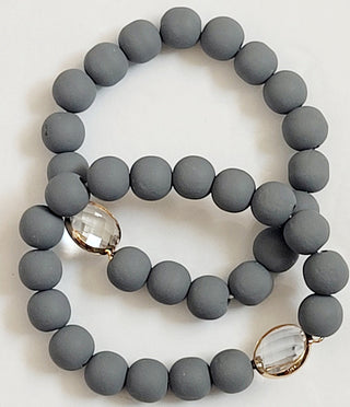 Grey Clay Beaded Bracelet Gold Crystal Accent