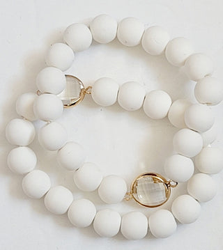 White Clay Beaded Bracelet Gold Crystal Accent