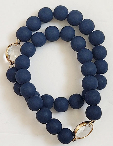 Navy Blue Clay Beaded Bracelet Gold Crystal Accent