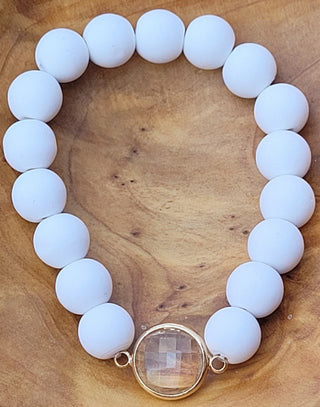 White Clay Beaded Bracelet Gold Crystal Accent