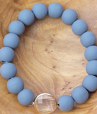 Grey Clay Beaded Bracelet Gold Crystal Accent