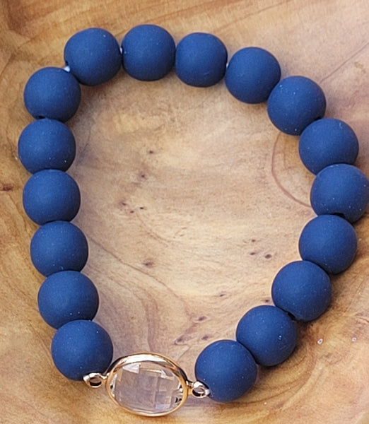 Navy Blue Clay Beaded Bracelet Gold Crystal Accent