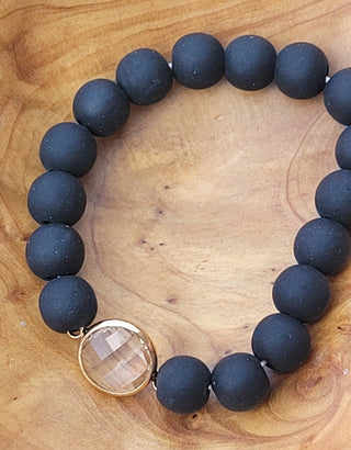 Black Clay Beaded Bracelet Gold Crystal Accent Bead
