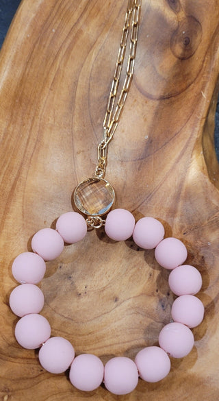 Pink Clay Necklace Gold Tone Ball Studded Earring
