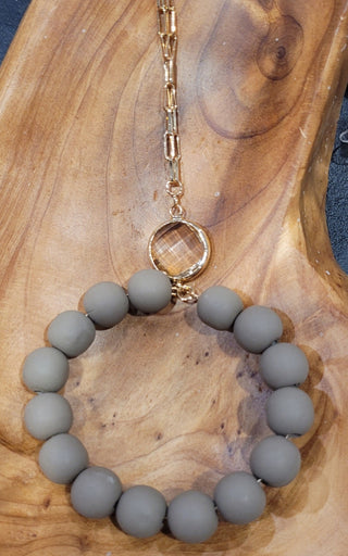Khaki Clay Beaded Necklace Gold Ball Stud Earrings